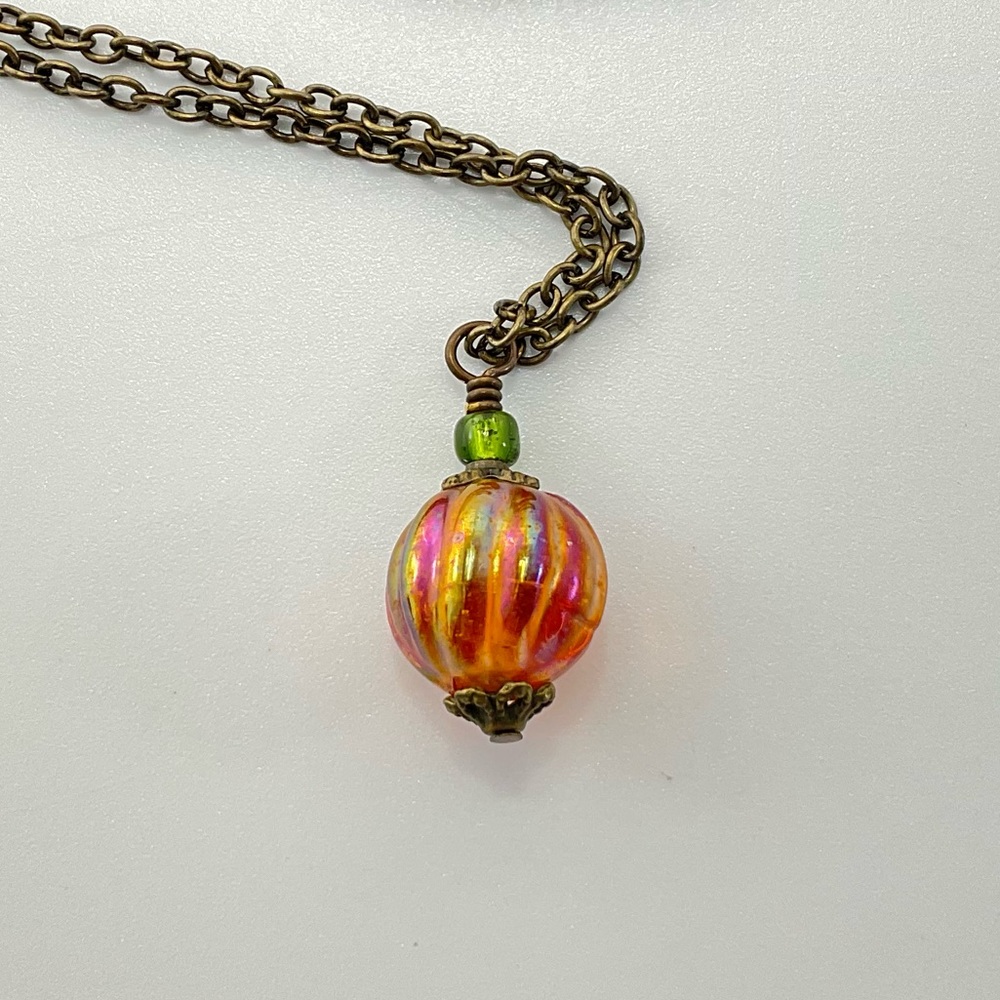 Host Pick! New Pumpkin Necklace, Handmade, Iridescent Orange & Olive Green - Picture 2 of 11